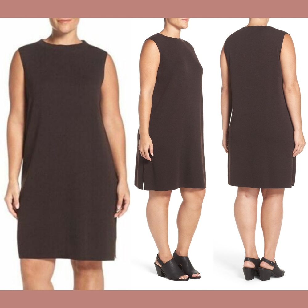 NWT Eileen Fisher Wool Crepe Funnel Neck Shift Dress Clove Brown‎ [SZ 2X ]